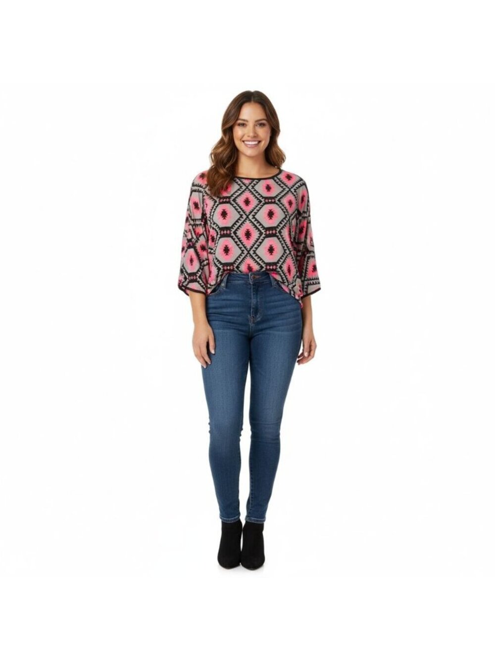 Bobeau Womens Aztec Print Loose Fit Blouse XL Gray & Coral 3/4 Sleeve 100% Polye